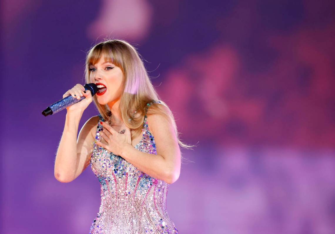 Taylor Swift performs during her Eras tour at Allegiant Stadium, Friday, March 24, 2023, in La ...