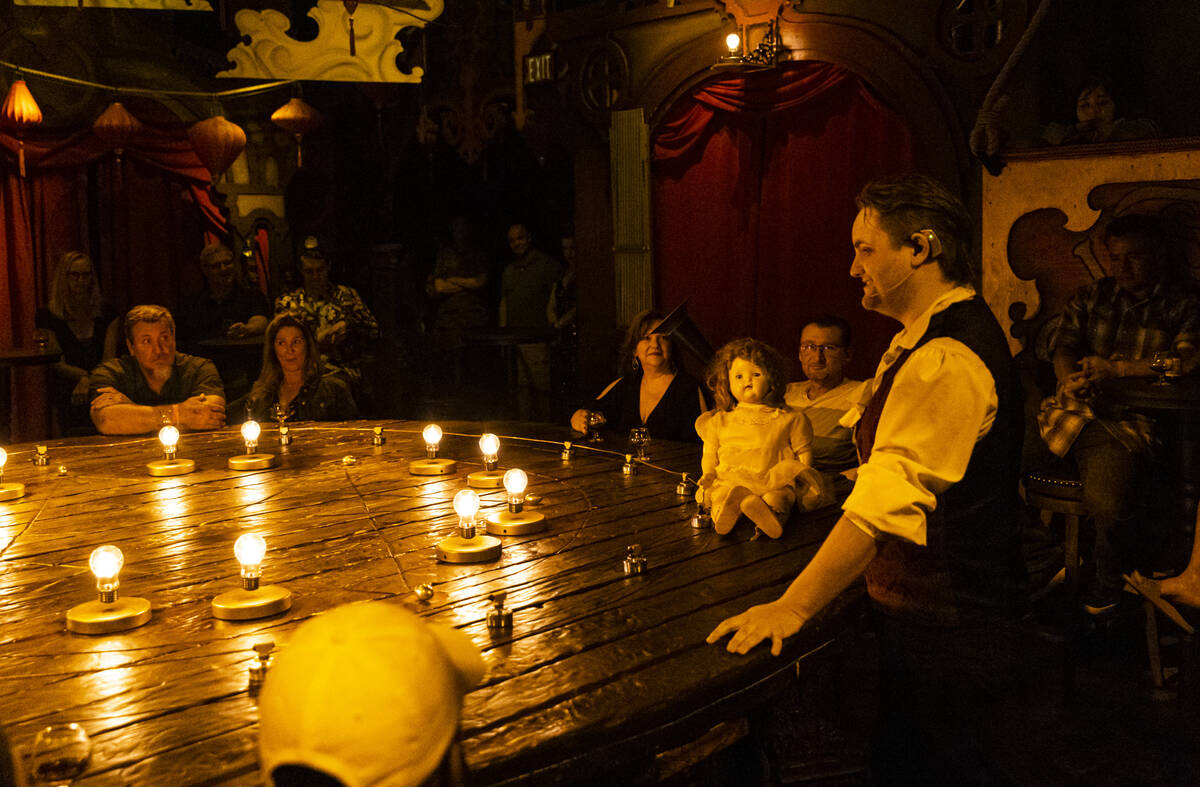 William Bradshaw, right, performs during the The Seance Room at Lost Spirits Distillery on Sund ...