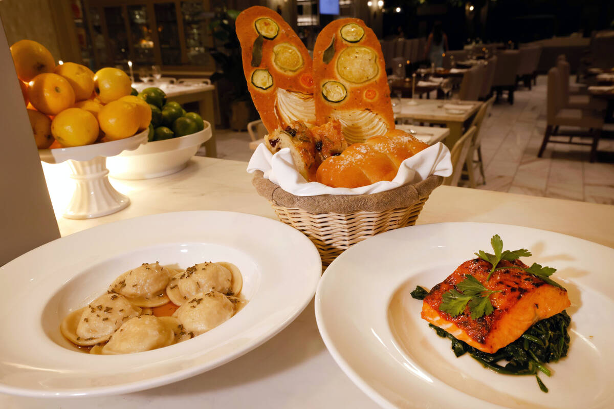 Big Martha’s Pierogies, left, House-made Bread Basket, center, and Honey Mustard Glazed ...