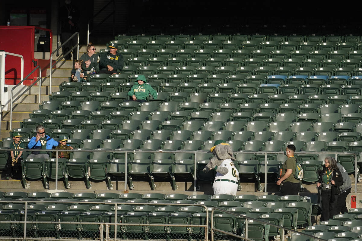 Oakland Athletics mascot Stomper walks toward fans during a baseball game between the Athletics ...