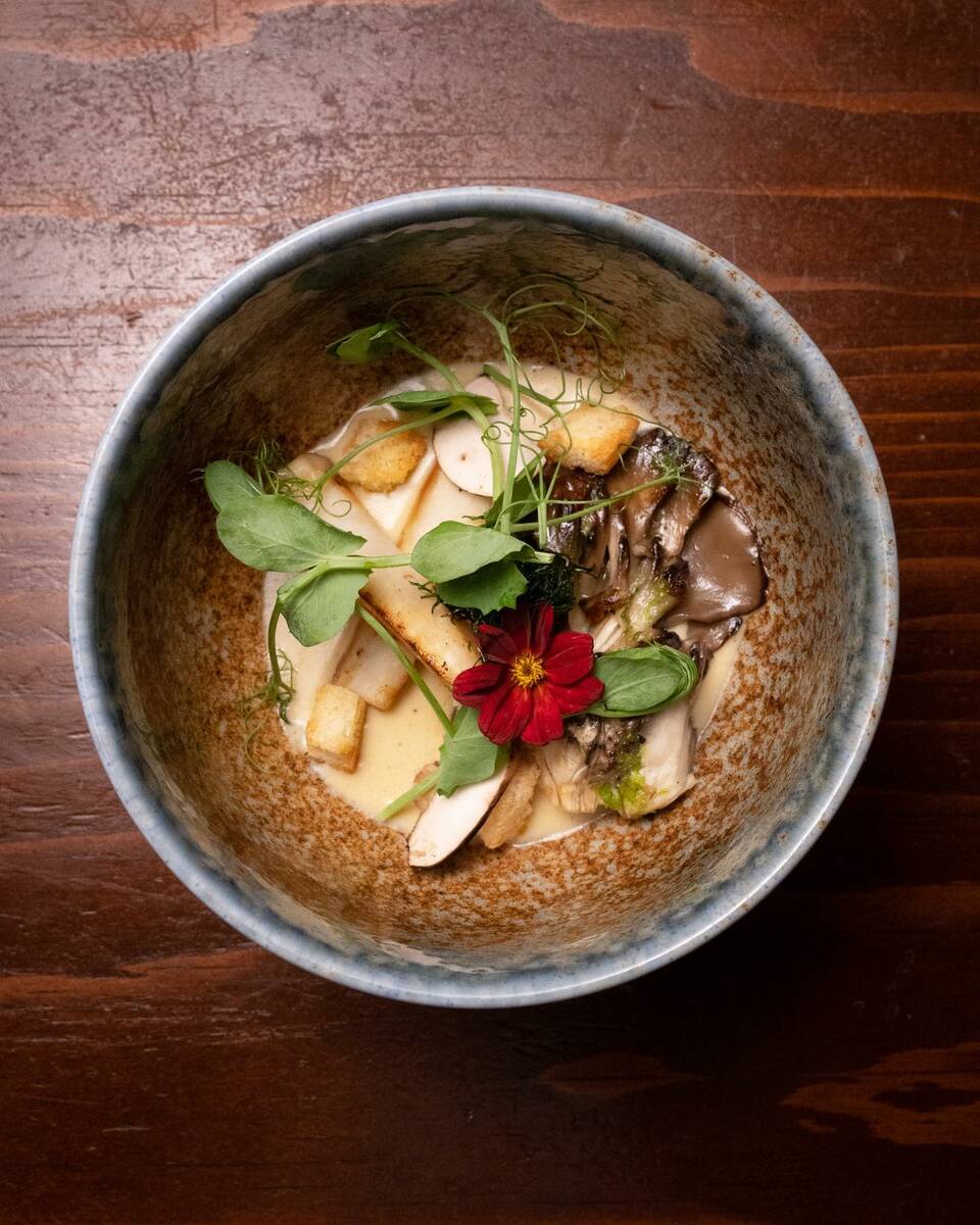 Maitake mushrooms with pickled salsify and foie gras sauce from EDO Gastro Tapas & Wine of Las ...
