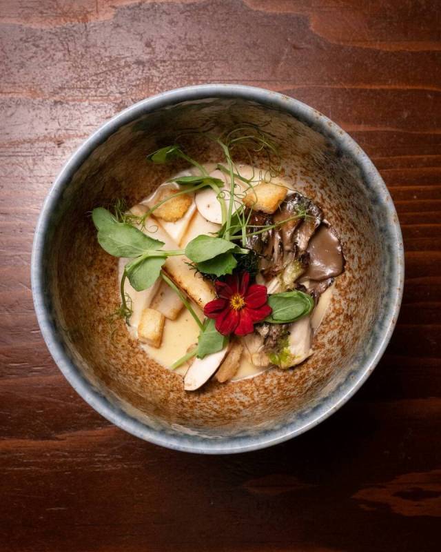 Maitake mushrooms with pickled salsify and foie gras sauce from EDO Gastro Tapas & Wine of Las ...