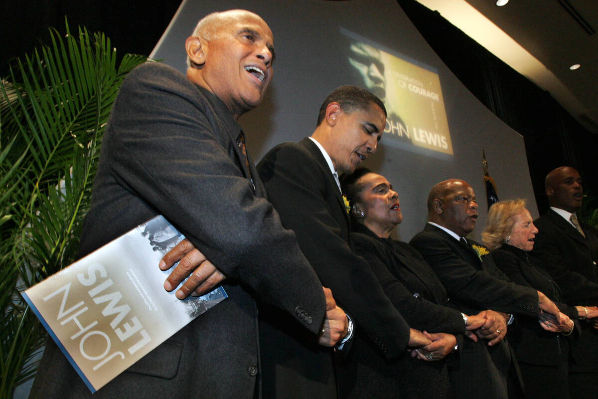 ** FILE ** Harry Belafonte, Sen. Barack Obama, D-Ill., Coretta Scott King; Rep. John Lewis, D-G ...