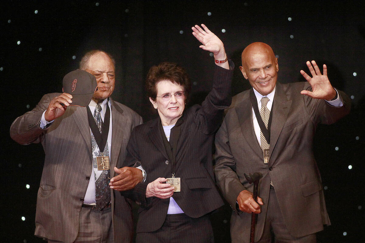 Beacon Awards honorees Willie Mays, left Billie Jean King,center, and Harry Belafonte wave t ...