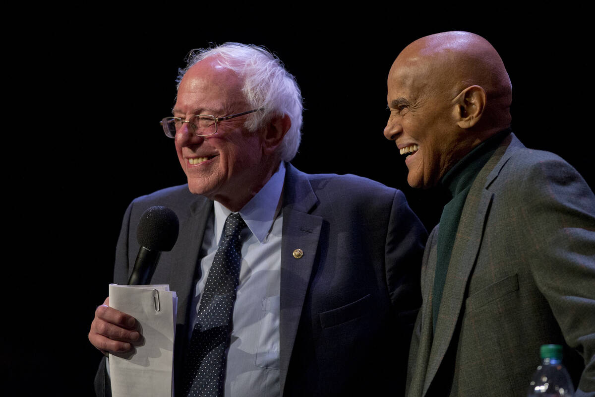 Democratic presidential candidate, Sen. Bernie Sanders, I-Vt., is joined by actor Harry Belafon ...