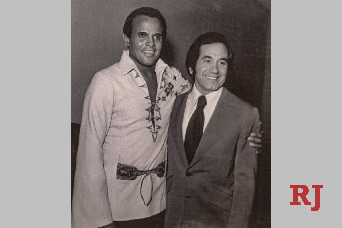 Harry Belafonte, left, and Trini Lopez at the Las Vegas Hilton in Las Vegas in 1971. (Westgate)