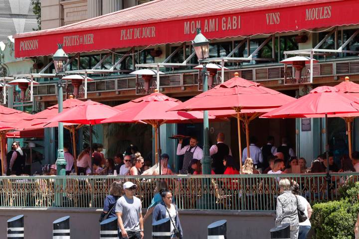 Mon Ami Gabi, a French bistro in Paris Las Vegas, is seen on the Strip, Thursday, May 18, 2023, ...