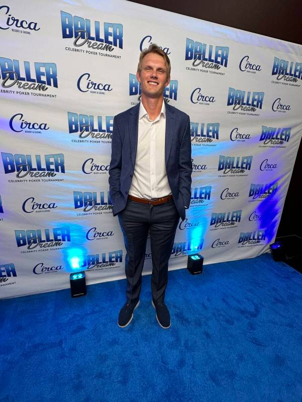 Raiders kicker Daniel Carlson is shown on the blue carpet at the Baller Dream Celebrity Poker T ...