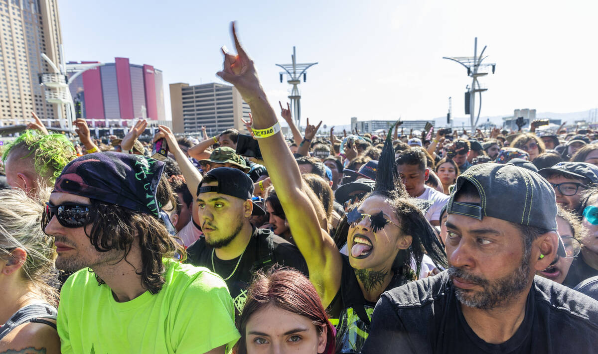 Attendees enjoy listening to Turnstile as they perform during the Sick New World festival at th ...