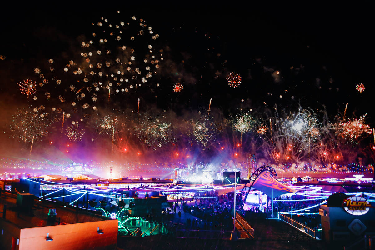Fireworks go off during the first day of Electric Daisy Carnival at Las Vegas Motor Speedway on ...