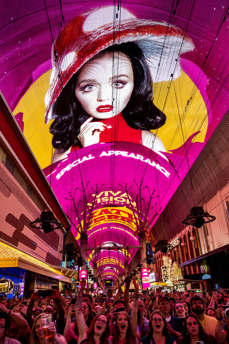 Pop star and Resorts World Theater headliner Katy Perry flies across the Fremont Street Experie ...
