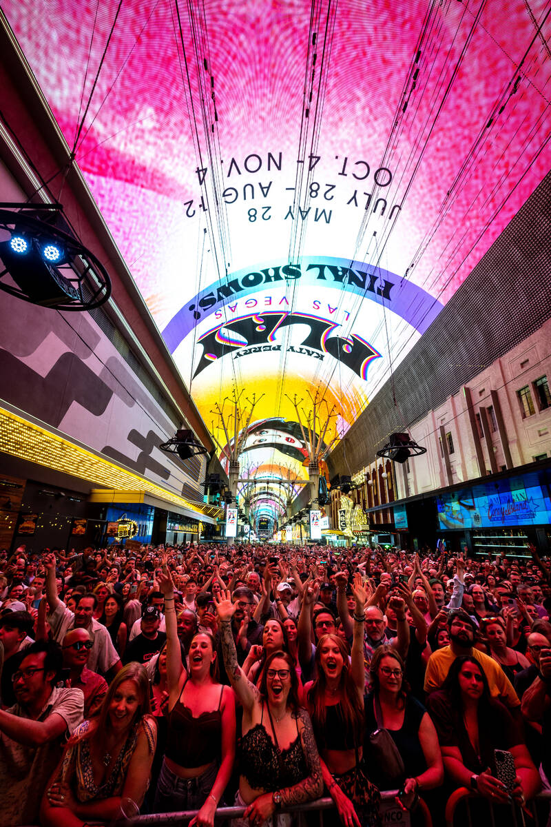 Pop star and Resorts World Theater headliner Katy Perry appears at Fremont Street Experience to ...
