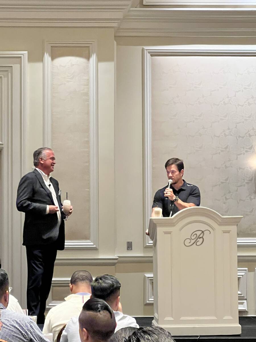 Cameron Mitchell, owner of Ocean Prime restaurant, and Mark Wahlberg are shown at Bellagio duri ...