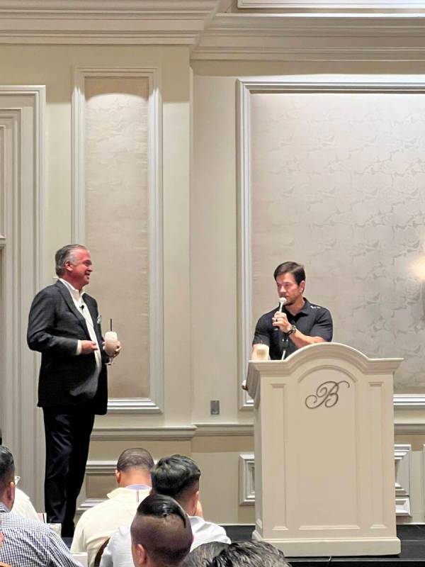 Cameron Mitchell, owner of Ocean Prime restaurant, and Mark Wahlberg are shown at Bellagio duri ...