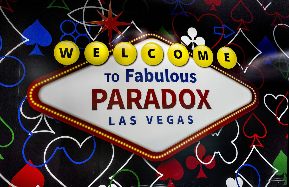 Welcome sign on the wall within the Ambiguous Shapes Room at the Paradox Museum, a new immersiv ...