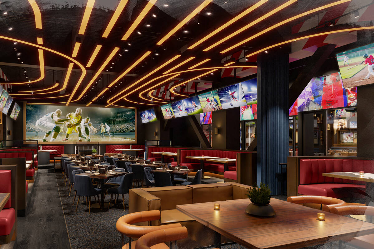 A rendering of the main dining room, with a 30-foot viewing screen and a ceiling fixture inspir ...