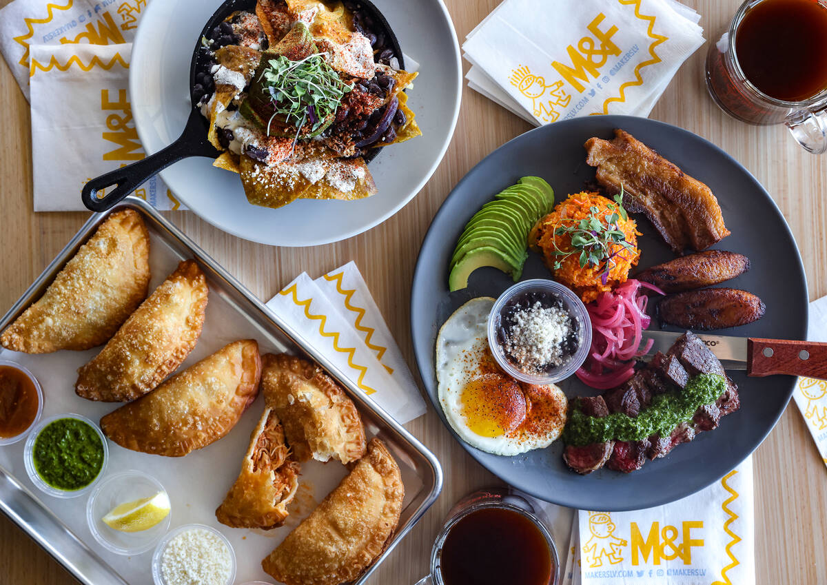 Clockwise from left: empanada flight, chilaquiles, and bandeja paisa at Makers & Finders in Hen ...