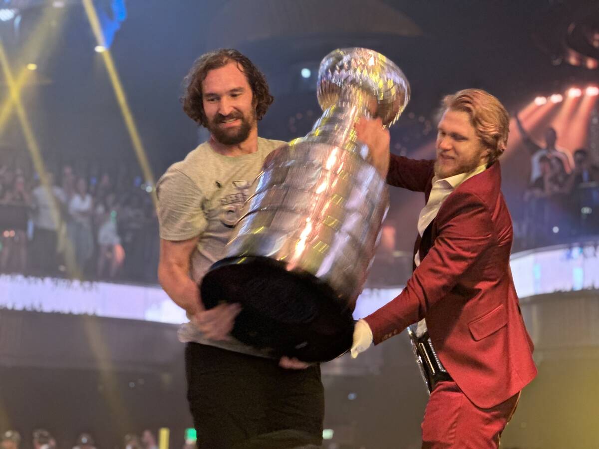 Mark Stone and William Karlsson hold the Stanley Cup at Omnia at Caesars Palace after the Vegas ...