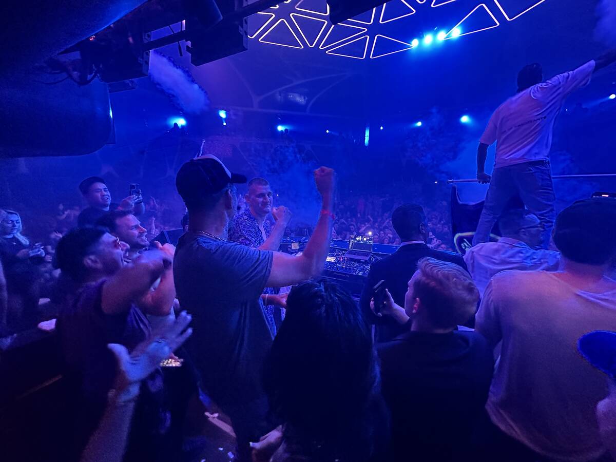 Denver Nuggets star and NBA Finals MVP Nikola Jokić is shown with teammates at Hakkasan Night ...