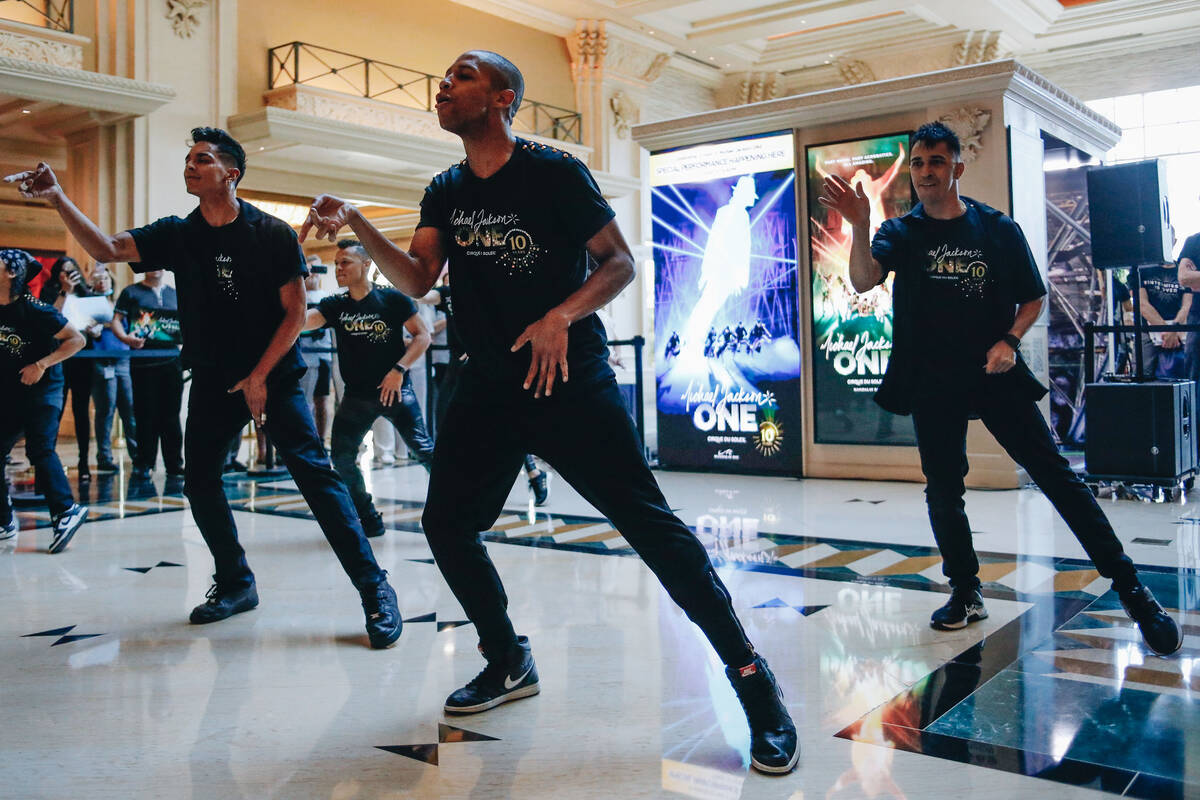 Cast members from “Michael Jackson ONE” perform a dance for Mandalay Bay guests a ...