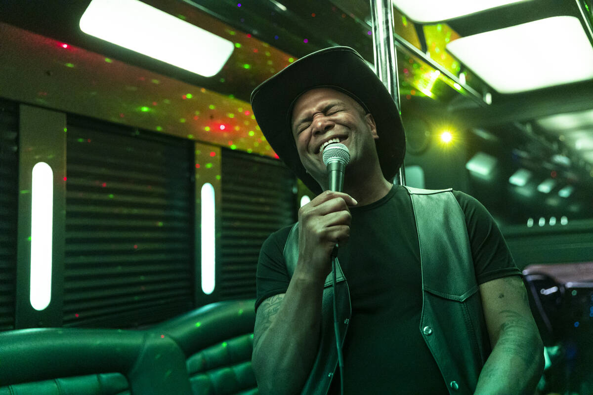 Comedian Smiley Joe Wiley entertains the crowd during the Best Comedy Show on Wheels bus on Sun ...