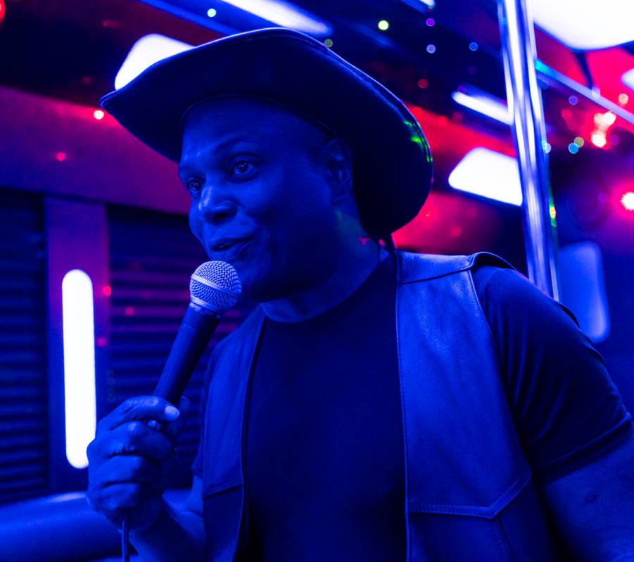 Comedian Smiley Joe Wiley entertains the crowd during the Best Comedy Show on Wheels bus on Sun ...
