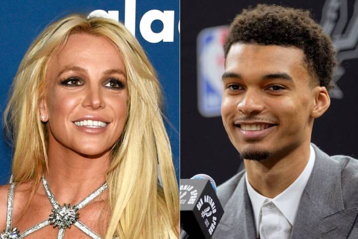 Britney Spears and Victor Wembanyama of the San Antonio Spurs. (AP Photos by Chris Pizzello, l ...