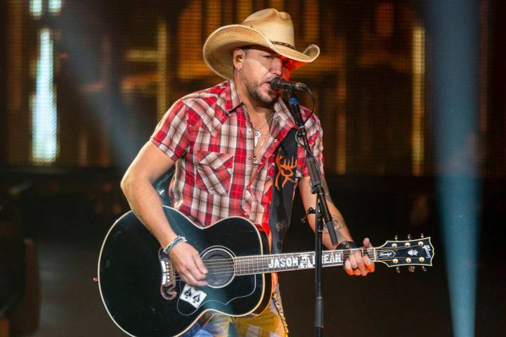 Jason Aldean performs at the Park MGM's Park Theater in Las Vegas on Friday, Dec. 6, 2019. (Eli ...