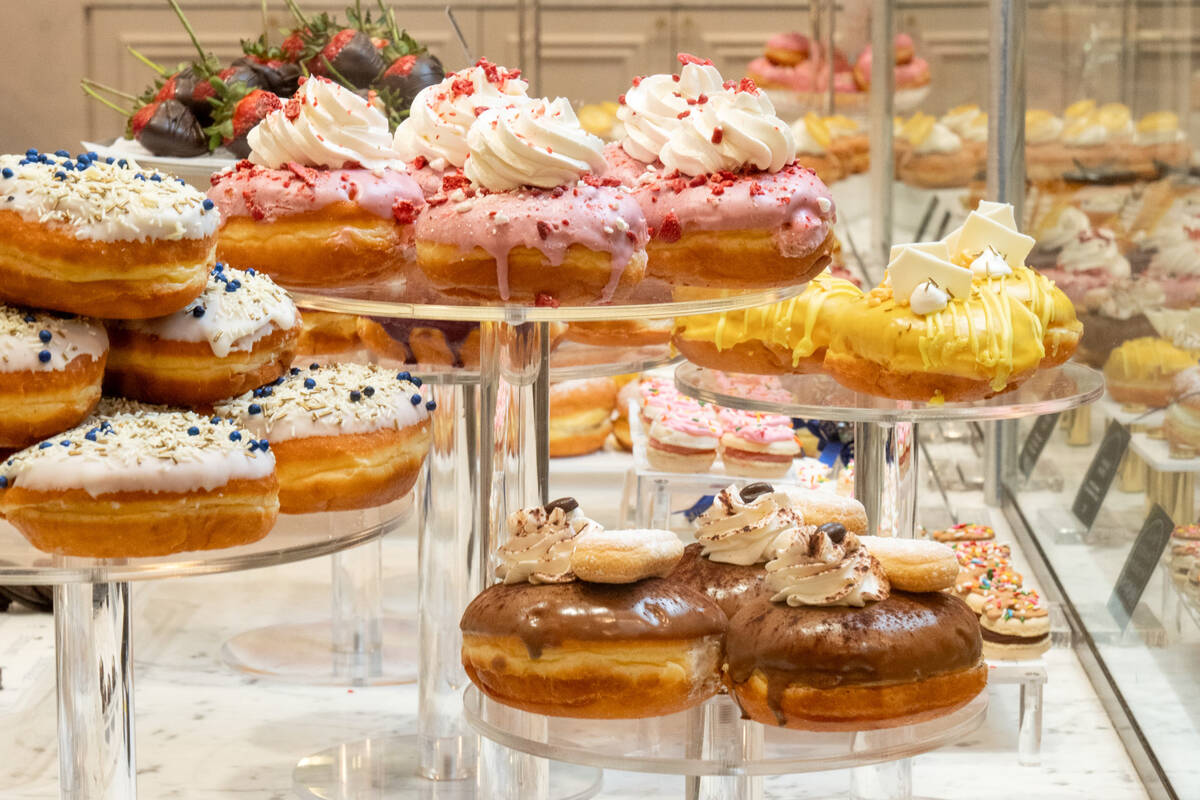 Doughnuts on cake stands from Donutique, which debuted in August 2023 in The Venetian on the La ...