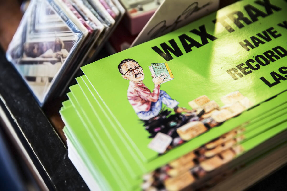 A promotional sticker of Wax Trax Records owner Rich Rosen on Friday, March 17, 2017, at Wax Tr ...