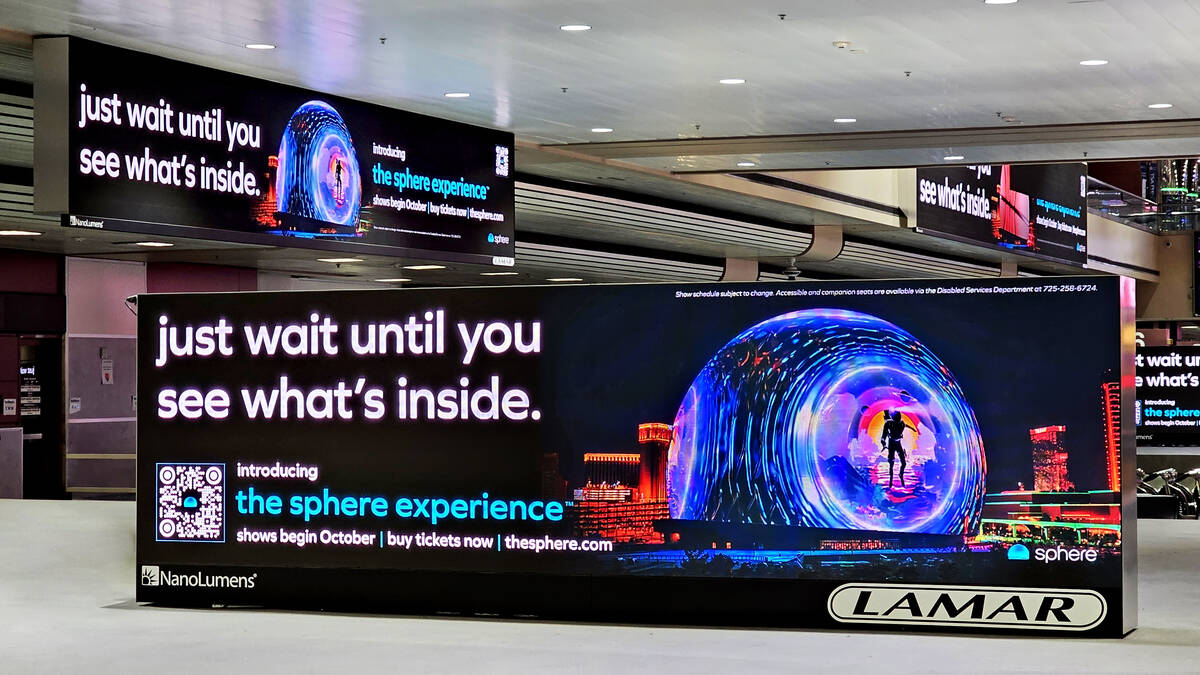 Signage promoting the opening of The Sphere has been displayed since Monday, Aug. 28, 2023. (Sp ...