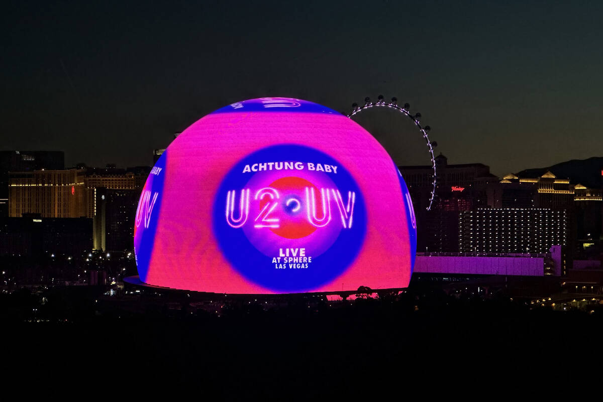 A graphic for the U2 UV Achtung Baby is displayed during the opening night of the Sphere with a ...