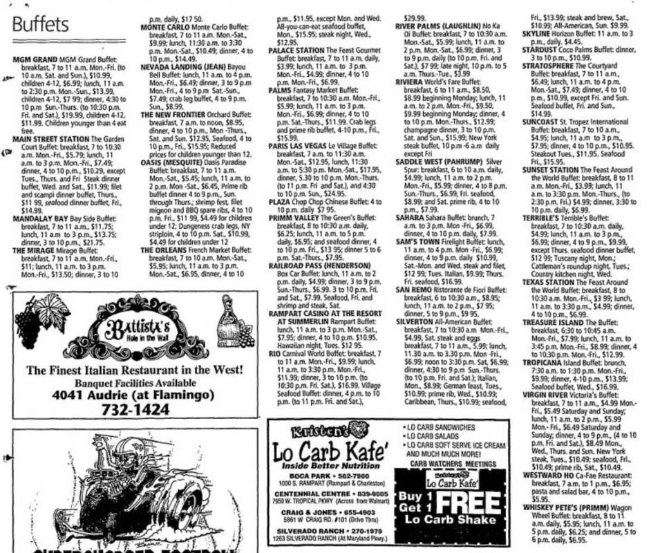 Buffet specials across the Las Vegas Valley from Oct. 31, 2003. (Las Vegas Review-Journal)