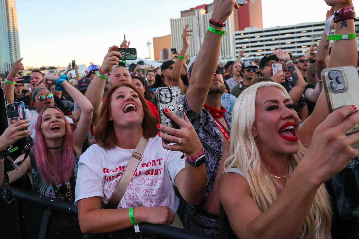 Punk rock fans cheer on Gym Class Heroes at the When We Were Young 2023 music festival on Satur ...