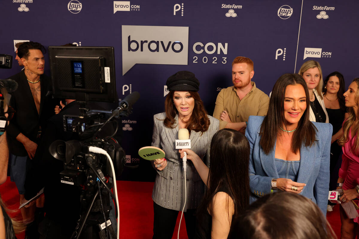 Lisa Vanderpump of “Vanderpump Rules,” center, talks to the media at BravoCon 202 ...