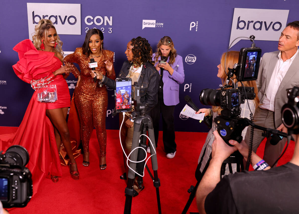 Chanel Ayan, left, and Caroline Brooks of The Real Housewives of Dubai talk to the media at Bra ...