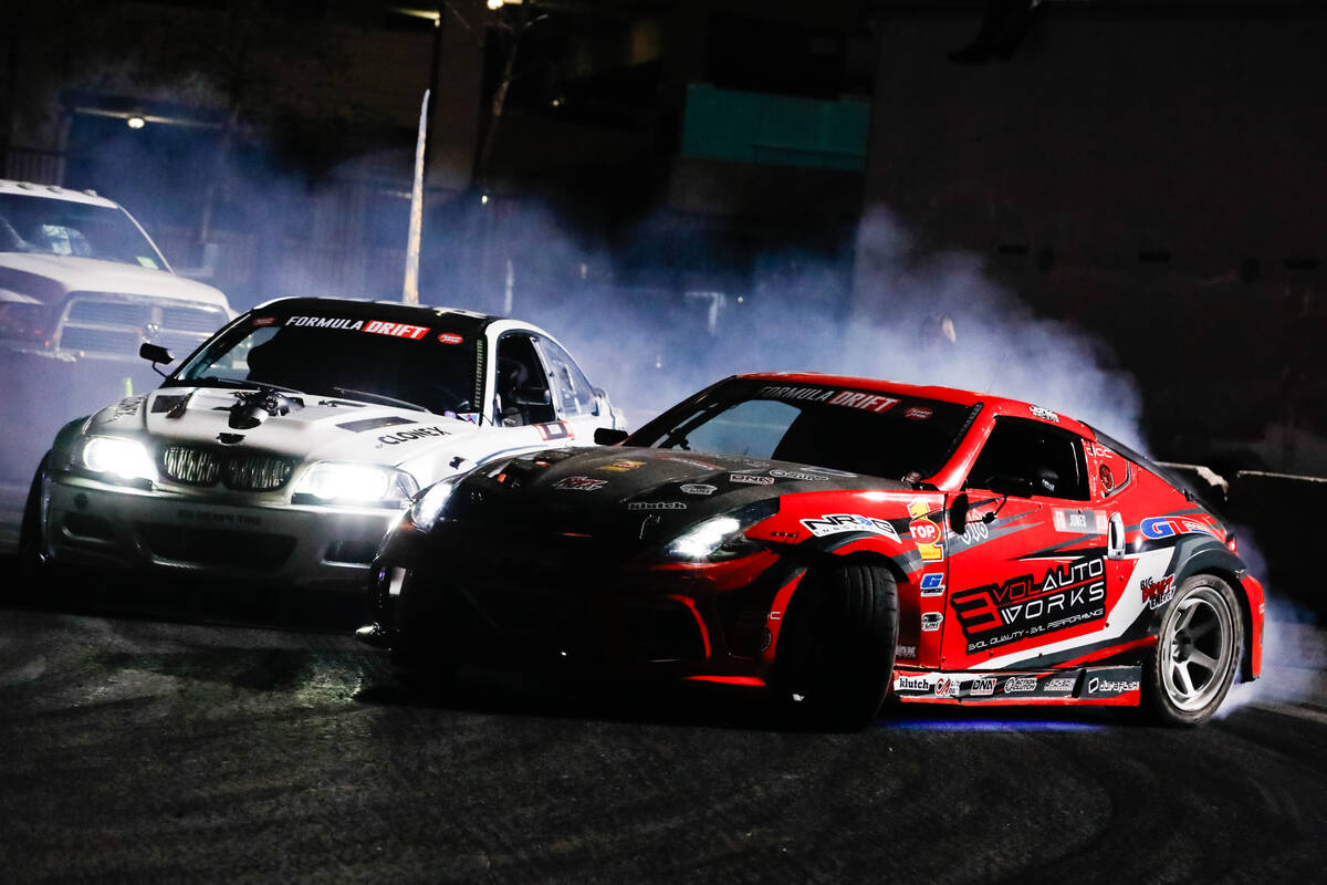 Formula Drift contenders race at the 2023 SEMA Fest on Saturday, Nov. 4, 2023 in Las Vegas. (Da ...
