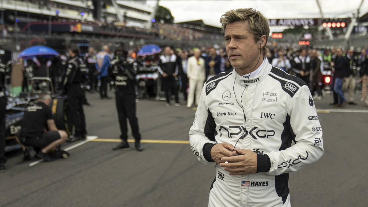 This image released by Warner Bros Pictures shows Brad Pitt in a scene from "F1 The Movie. ...