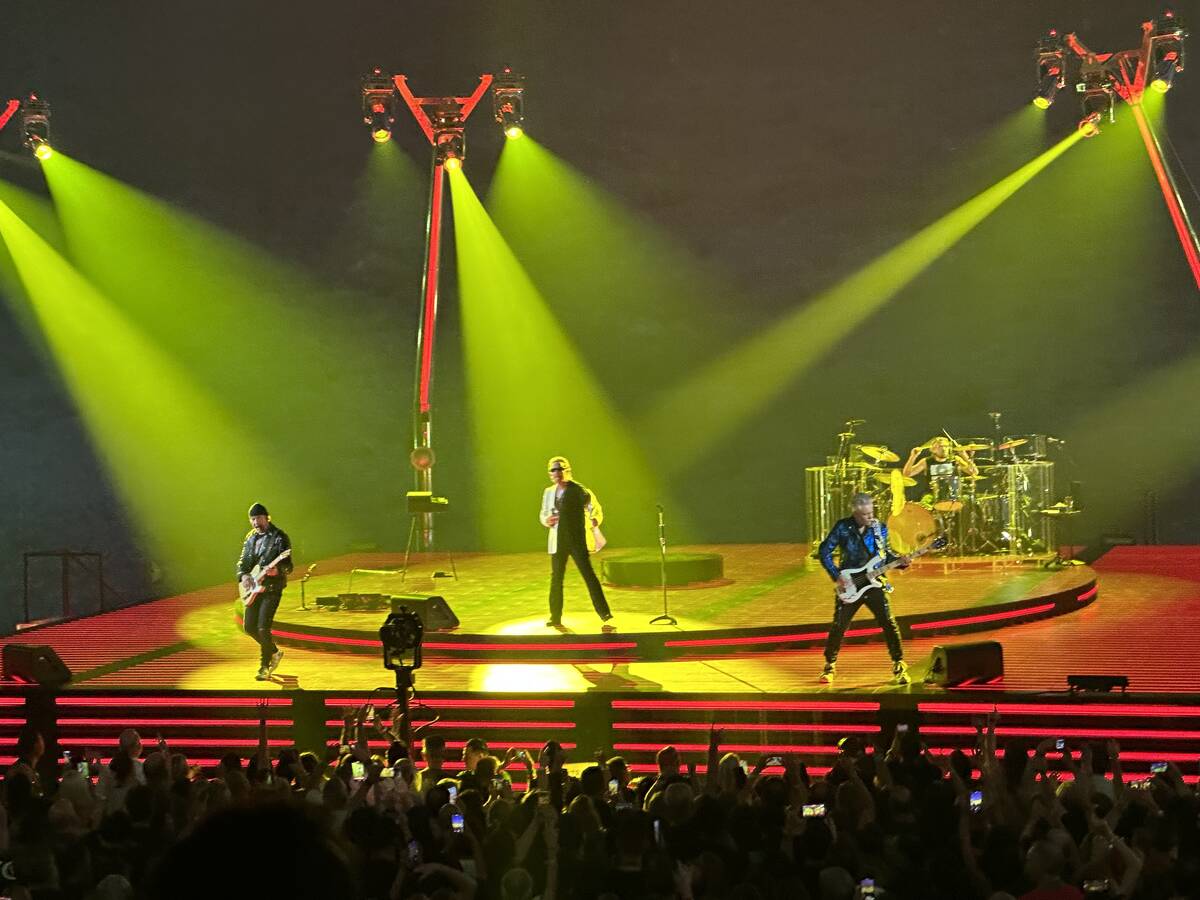 U2 is shown during the premiere of "U2 UV: Achtung Baby" at the Sphere on Friday, Sept. 29, 202 ...