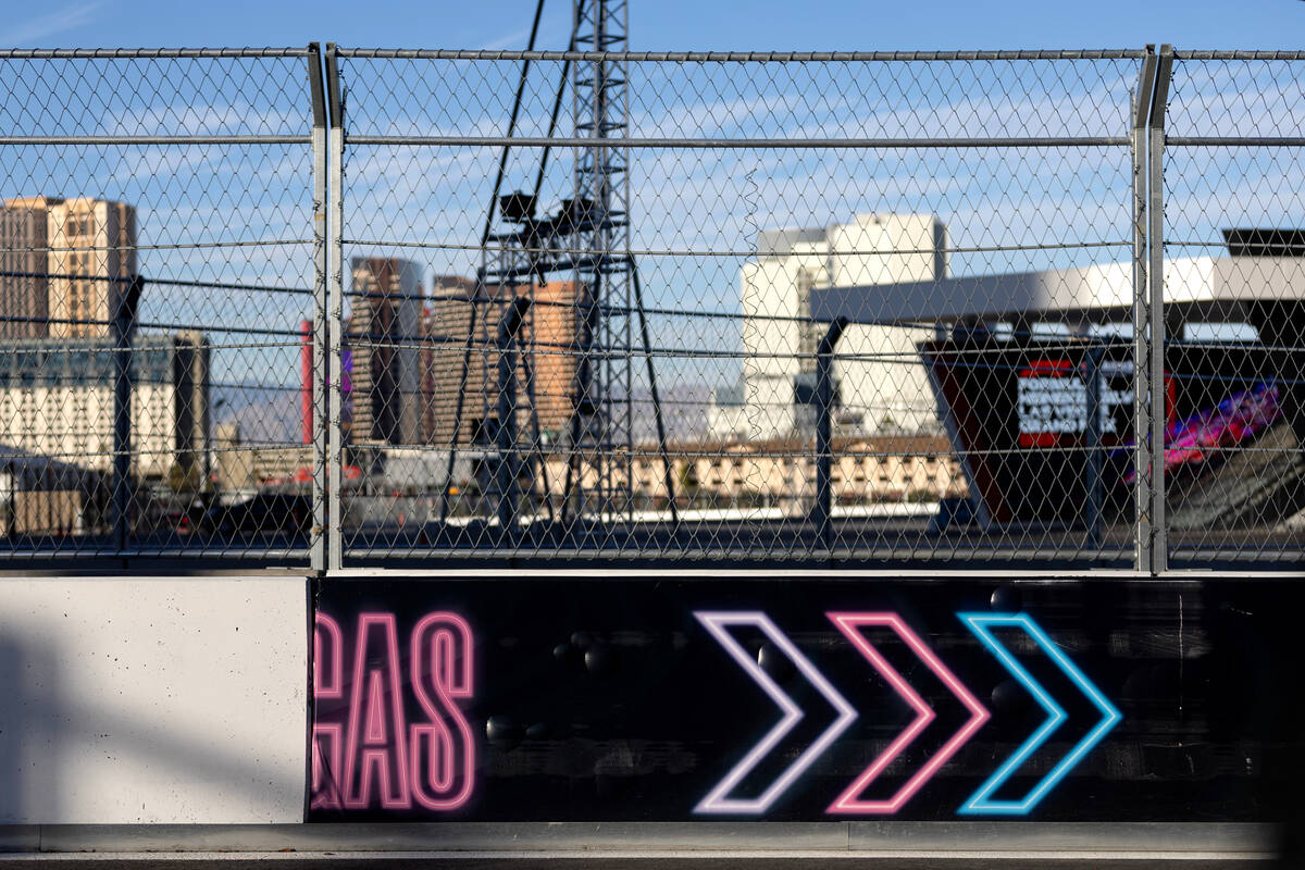 The Formula One Las Vegas Grand Prix pit building is seen with the Las Vegas Strip on Friday, D ...