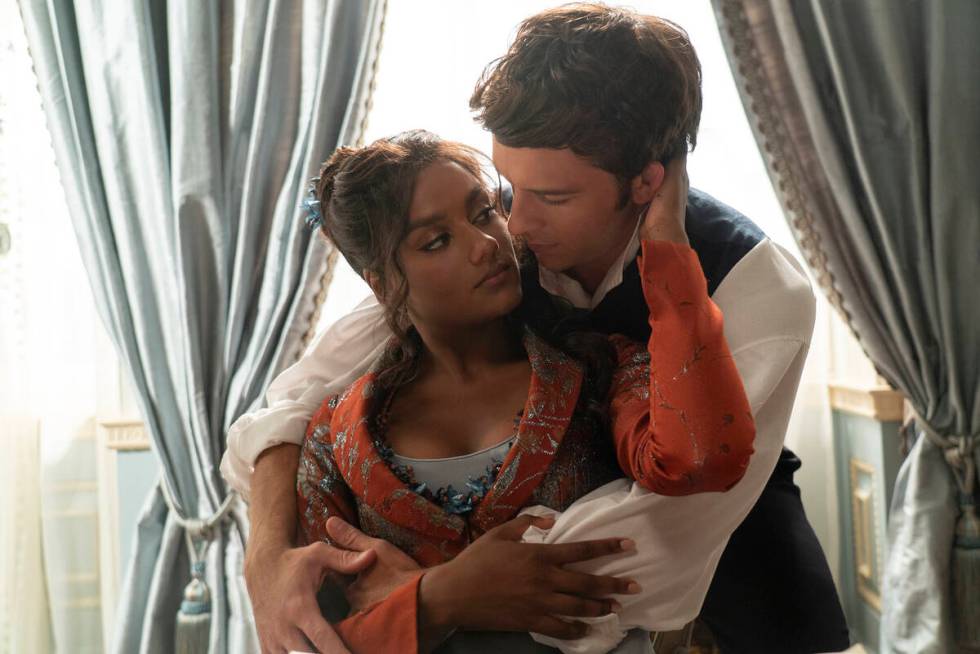 Bridgerton. (L to R) Simone Ashley as Kate Sharma, Jonathan Bailey as Anthony Bridgerton in epi ...