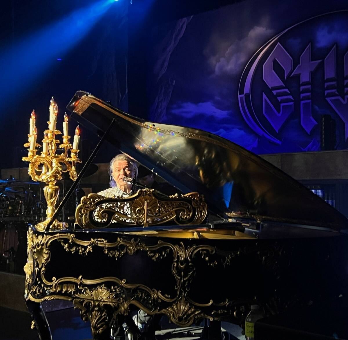 Lawrence Gowan of Styx is shown with Liberace's "Dancing Waters" Liberace Steinway at The Venet ...