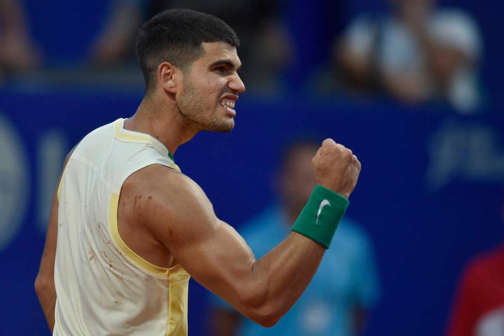 Carlos Alcaraz, of Spain, celebrates a point during an Argentina Open ATP semifinal tennis matc ...