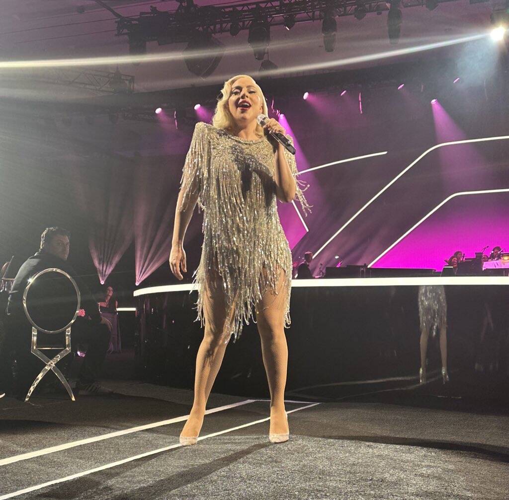 Lady Gaga is shown at "The Dinner Show" Super Bowl party hosted by Mark Davis on Sunday, Feb. 1 ...