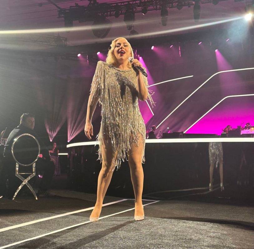 Lady Gaga is shown at "The Dinner Show" Super Bowl party hosted by Mark Davis on Sunday, Feb. 1 ...