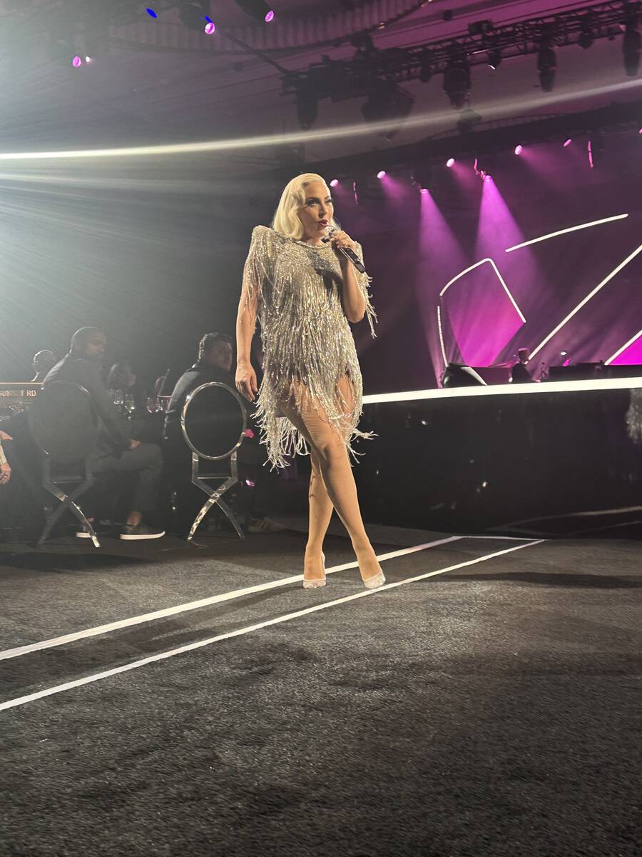 Lady Gaga is shown at "The Dinner Show" Super Bowl party hosted by Mark Davis on Sunday, Feb. 1 ...
