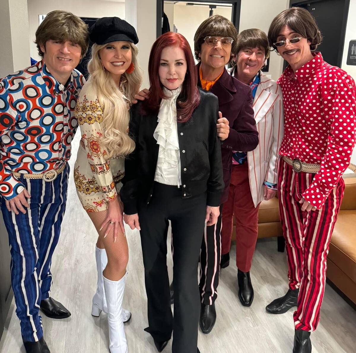 Priscilla Presley is shown with the tribute band SixtiesMania with singer Vanessa LeGrand at So ...