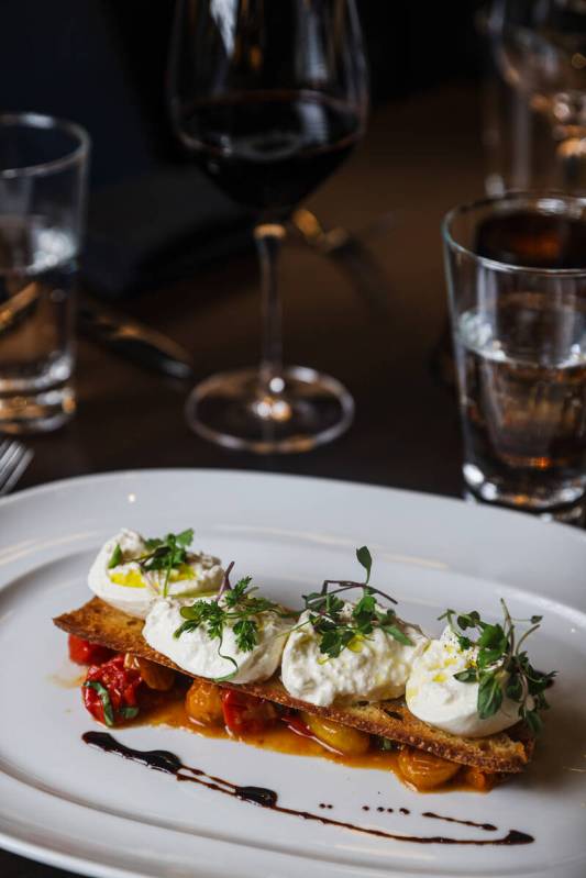 The burrata and heirloom tomato salad from Emmitt’s, located at the Fashion Show mall in Las ...