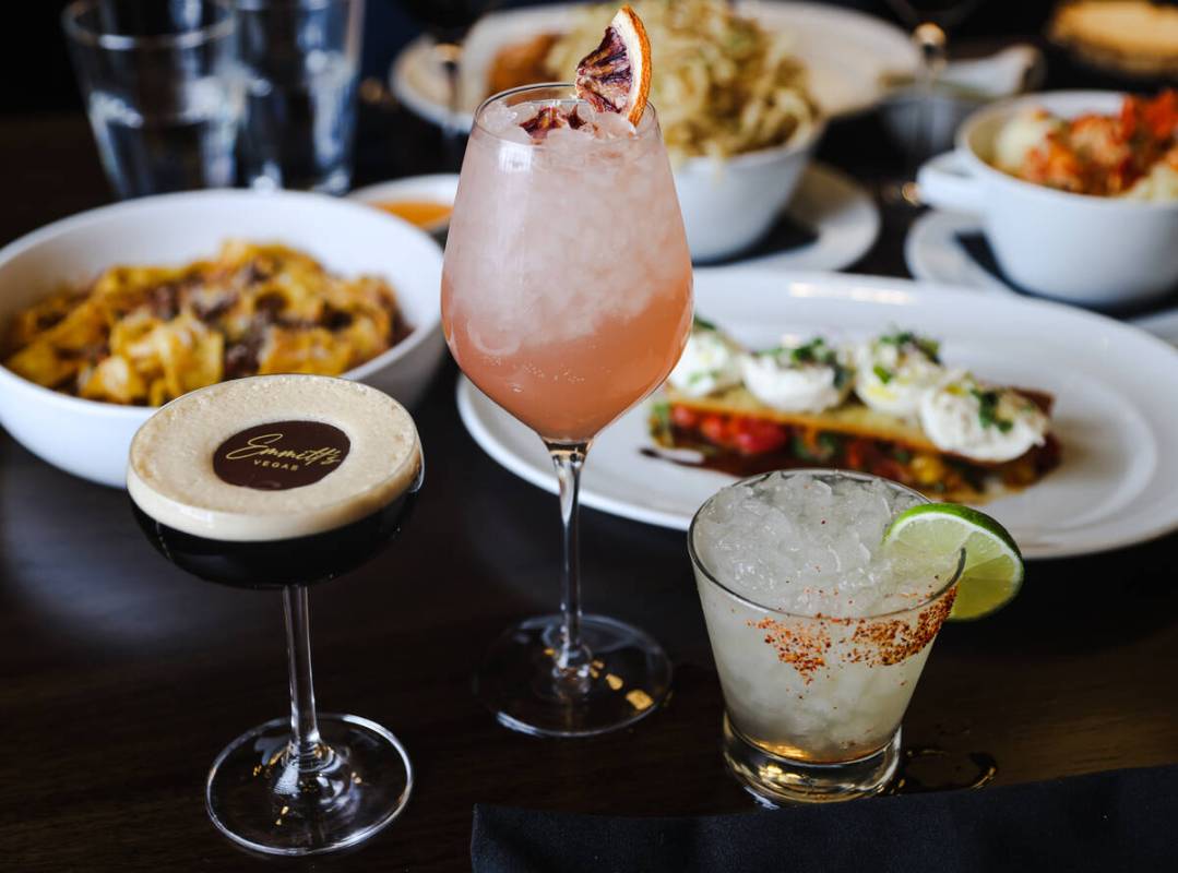 The Passport cocktail, from left, the Samba Spritz, and Cocktail 164 from Emmitt’s, located a ...