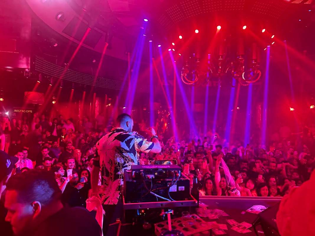 Travis Kelce is shown at XS Nightclub and Encore Beach Club on Saturday, Feb. 24, 2024. (John K ...